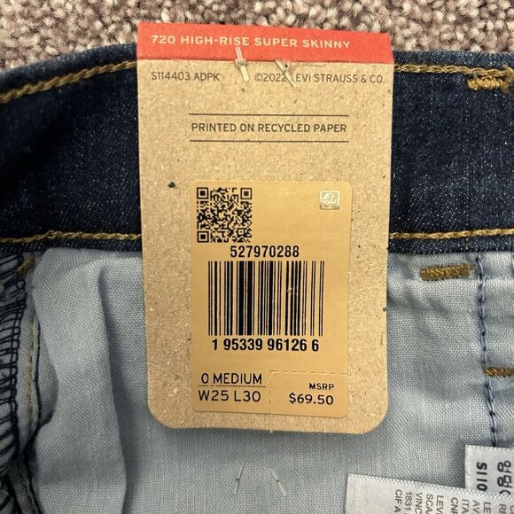 Levi's 720 Womens Super Skinny Jeans Size 0 Med / W25 L30 Blue High Rise NWT $69 - Picture 14 of 16